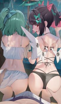1boy 2girls absurdres ass bikini black_bikini black_hair blush bulge from_behind grabbing_another's_ass green_hair groping highres jumonji looking_at_viewer looking_back multiple_girls nangong_yu pov red_eyes side_ponytail sunna_(zenless_zone_zero) swimsuit white_bikini white_wings wings zenless_zone_zero