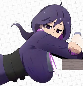 1girl absurdres ahoge alternate_breast_size_(larger) bottle breasts commentary crossed_arms dress earrings english_commentary gjh hair_between_eyes hex_maniac_(pokemon) hex_maniac_(pokemon_legends:_z-a) highres jewelry large_breasts leaning_forward leaning_on_table long_hair looking_at_viewer milk_bottle moomoo_milk nintendo pokemon pokemon_legends:_z-a purple_dress purple_eyes simple_background solo sphere_earrings