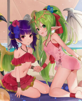 2girls :d alternate_costume bikini bikini_under_clothes blue_flower bow closed_mouth collarbone day dragon_girl dragon_wings dress fire_emblem fire_emblem:_mystery_of_the_emblem fire_emblem:_shadow_dragon fire_emblem:_the_sacred_stones flower green_eyes green_hair green_wings hair_bow hair_flower hair_ornament halterneck haru_(nakajou-28) highres kneeling layered_skirt long_hair looking_at_viewer miniskirt multiple_girls myrrh_(fire_emblem) nintendo open_mouth outdoors pink_bikini pink_dress pleated_skirt pointy_ears ponytail purple_hair red_bikini red_bow red_eyes red_flower red_skirt short_dress sitting skirt sleeveless sleeveless_dress smile summer swimsuit tiki_(fire_emblem) tiki_(young)_(fire_emblem) twintails very_long_hair wings
