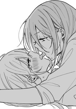 2girls blush commentary_request eye_contact french_kiss from_side girl_on_top greyscale highres kiss long_hair looking_at_another monochrome multiple_girls original profile strawberry_(akira-love) tongue tongue_out yuri