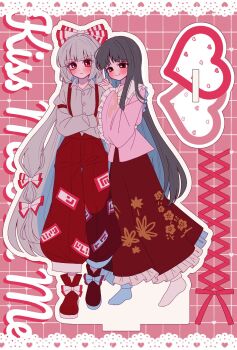 2girls black_hair blush boots bow couple floral_print floral_print_skirt fujiwara_no_mokou full_body hair_bow hands_on_another&#039;s_shoulders heart highres houraisan_kaguya long_hair multiple_girls no_shoes pants pink_shirt print_skirt red_boots red_pants red_skirt shirt skirt smile socks suspenders tamiko_(tamik0224) touhou white_hair white_shirt white_socks yuri