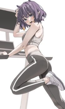 1girl :d absurdres alternate_costume ass black_pants blue_eyes breasts commentary gradient_hair grey_sports_bra hand_on_own_head highres hololive hololive_english looking_at_viewer multicolored_hair ninomae_ina'nis official_alternate_hairstyle open_mouth orange_hair pants pointy_ears purple_hair scarlet_(wv0102) shoes short_hair sidelocks small_breasts smile sneakers solo sports_bra symbol-only_commentary tentacle_hair virtual_youtuber white_shoes yoga_pants