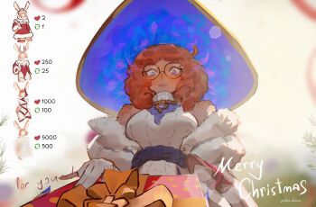 1girl absurdres animal_ears aurora_(league_of_legends) bare_shoulders blue_eyes box breasts commentary english_commentary freckles fur_trim gift gift_box glasses hat highres jerboa-draws large_breasts league_of_legends long_hair merry_christmas orange_hair rabbit_ears rabbit_girl round_eyewear smile solo teeth