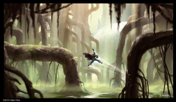 Rule 34 | 1boy, aircraft, armor, axalara t9, bionicle, black border, border, christian faber, codrex, concept art, green armor, highres, kanohi (bionicle), lewa (bionicle), plant, signature, stalactite, the lego group, tree, water, wetland
