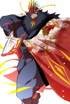 1boy abs bara barefoot beak biceps black_feathers chicken_boy closed_mouth convenient_leg crave_saga dancing feathers furry furry_male hand_fan highres holding holding_fan japanese_clothes kimono looking_at_viewer male_focus muscular muscular_male pectoral_cleavage pectorals pubic_hair pubic_hair_peek red_kimono red_robe robe samoji_(beastlover) sketch smile yatilde_(crave_saga)