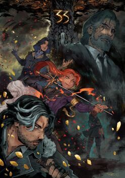 3boys 3girls absurdres alicia_(clair_obscur:_expedition_33) arm_up armband asian beard black_hair black_necktie clair_obscur:_expedition_33 facial_hair formal_clothes gloves grey_beard gustave_(clair_obscur:_expedition_33) highres holding holding_knife holding_sword holding_weapon knife long_hair lune_(clair_obscur:_expedition_33) maelle_(clair_obscur:_expedition_33) mariosdalart multicolored_hair multiple_boys multiple_girls necktie old old_man petals ponytail rapier red_hair red_petals renoir_(clair_obscur:_expedition_33) scar scar_across_eye scar_on_face short_hair single_glove streaked_hair suit sword verso_(clair_obscur:_expedition_33) weapon white_hair white_streaks