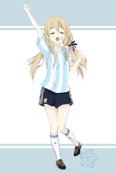 1girl 2010 2010_fifa_world_cup ^_^ alternate_hairstyle argentina argentinian_flag argentinian_flag_print arm_up black_shorts blonde_hair blush cleats clenched_hands closed_eyes emblem facepaint female_focus flag_print food full_body hair_between_eyes highres k-on! kneehighs kotobuki_tsumugi long_hair low_twintails md5_mismatch outstretched_arm raised_fist revision rokujou_jun shirt shorts soccer_uniform socks solo sportswear striped_clothes striped_shirt striped_socks takuan thick_eyebrows twintails vertical-striped_clothes vertical-striped_shirt white_socks world_cup