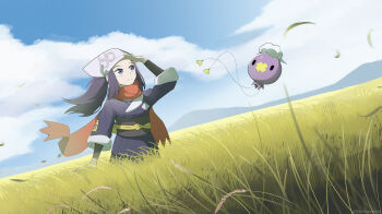 1girl akari_(pokemon) black_hair black_sash blue_eyes blue_sky cloud drifloon field galaxy_expedition_team_survey_corps_uniform gen_4_pokemon grass headscarf highres jacket kmconceptart long_hair nintendo outdoors parted_lips pokemon pokemon_(creature) pokemon_legends:_arceus ponytail red_scarf sash scarf shirt sidelocks sky white_headscarf wind