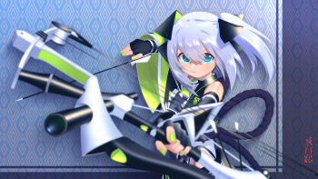 1girl :/ arrow_(projectile) blue_eyes bow_(weapon) commentary_request commission compound_bow detached_sleeves green_nails highres looking_at_viewer okuribi original rope shimenawa skeb_commission solo upper_body weapon white_hair