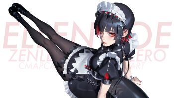 1girl absurdres apron arm_support black_dress black_hair black_pantyhose black_shoes breasts character_name closed_mouth cmapca colored_inner_hair copyright_name dress ellen_joe english_text fins fish_tail frilled_wristband from_above hairband hashtag-only_commentary highres large_breasts looking_at_viewer maid_headdress mary_janes metal_hairband mole mole_on_arm mole_under_eye multicolored_hair pantyhose razor_blade_hair_ornament red_eyes red_nails scar scar_on_tail shark_girl shark_tail shoes short_hair simple_background sitting solo spiked_headband tail waist_apron white_apron white_background zenless_zone_zero