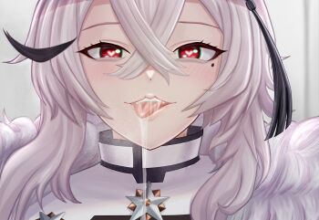 1girl assertive_female blush commentary_request crossed_bangs fur_trim gangut_(azur_lane) hair_between_eyes hat heart heart-shaped_pupils highres long_hair looking_at_viewer mikumaushi military_uniform mole mole_under_eye naval_uniform pov red_eyes saliva saliva_trail solo symbol-shaped_pupils tongue tongue_out white_hair white_hat