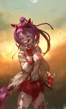 1girl animal_ears bandaid bandaid_on_leg bow breasts buruma commentary dirty dirty_clothes ear_bow ear_covers english_commentary eye_trail fingerless_gloves flower-shaped_pupils flower_in_eye gloves haru_urara_(bestest_prize)_(umamusume) haru_urara_(umamusume) headband highres horse_ears horse_girl horse_tail inishie_kumo jacket light_trail long_hair pink_buruma pink_eyes pink_hair pink_headband ponytail red_buruma red_gloves red_headband shirt solo symbol-shaped_pupils symbol_in_eye tail umamusume white_jacket white_shirt