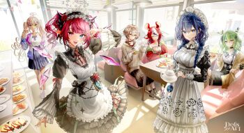 6+girls :d ^_^ alternate_costume animal_ears artist_name black_choker black_hair blonde_hair blue_eyes blue_hair braid breasts brown_eyes brown_hair burger cafe casual ceres_fauna ceres_fauna_(jirai_kei) chocolate_chip_cookie choker closed_eyes commentary cookie croissant crystal_wings cup dols_art english_commentary food fruit green_hair hakos_baelz hakos_baelz_(strawberry_onesie) hat heterochromia highres holding holding_burger holding_food holding_teapot holocouncil hololive hololive_english holopromise horns indoors irys_(hololive) irys_(maid)_(hololive) jewelry large_breasts limiter_(tsukumo_sana) long_hair looking_at_viewer maid mob_cap mouse_ears multicolored_hair multiple_girls nanashi_mumei nanashi_mumei_(casual) necklace official_alternate_costume official_alternate_hairstyle open_mouth ouro_kronii ouro_kronii_(maid) plate pointy_ears purple_eyes red_hair smile strawberry table teacup teapot tsukumo_sana twin_braids twintails v virtual_youtuber white_hair wide_sleeves wings yellow_eyes