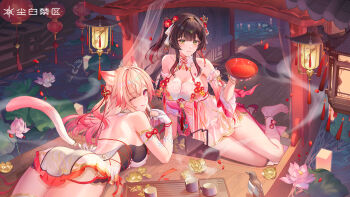 Rule 34 | absurdres, animal ears, anklet, architecture, arm up, armor, backless dress, backless outfit, bare shoulders, bird, black hair, blonde hair, boat, cat ears, cat tail, chinese clothes, chinese commentary, commentary request, crane (animal), cup, curtains, detached sleeves, dress, east asian architecture, flower, flower anklet, fog, full body, gloves, gold anklet, gradient hair, green eyes, hand on ground, hand up, highres, holding, holding plate, japanese armor, jewelry, lantern, legs, looking at viewer, looking back, lotus, lotus lantern, lotus leaf, lying, mia skye, mooncake, multicolored hair, night, no shoes, nude, official art, official wallpaper, on side, on stomach, one eye closed, outdoors, paper lantern, pink hair, plate, red eyes, red rope, red shoes, rope, see-through clothes, see-through gloves, see-through skirt, shoes, shoulder armor, siris (snowbreak), sitting, skirt, sleeve cuffs, smile, smoke, snowbreak: containment zone, sode, tail, tea, teacup, teapot, twintails, veil, watercraft, white gloves, white skirt, wooden floor, yokozuwari