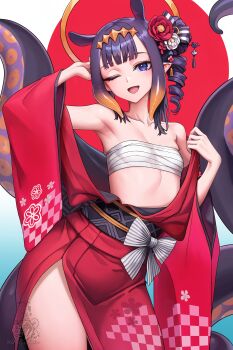 1girl ;d absurdres alternate_costume alternate_hairstyle arm_up armpits black_sash blue_eyes bow breasts center-flap_bangs checkered_print chest_sarashi commentary contrapposto double-parted_bangs drill_hair drill_ponytail english_commentary flower gradient_hair hair_bun hair_flower hair_ornament hand_up headpiece highres hololive hololive_english japanese_clothes kimono kimono_pull looking_at_viewer multicolored_hair ninomae_ina&#039;nis obi one_eye_closed open_mouth orange_hair print_kimono purple_hair red_kimono sarashi sash short_hair side_ponytail side_up_bun single_hair_bun small_breasts smile solo tentacle_hair tentacles unstableboiler virtual_youtuber waist_bow wide_sleeves