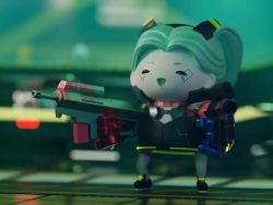 3d :d animated aqua_hair chibi closed_eyes colored_skin cyberpunk_(series) cyberpunk:_edgerunners cyborg dual_wielding firing full_body green_skin gun hair_ornament happy holding kiocaworks looping_animation mechanical_arms mechanical_hands open_mouth rebecca_(cyberpunk) samurai_jacket_(cyberpunk) smile standing tattoo twintails video weapon