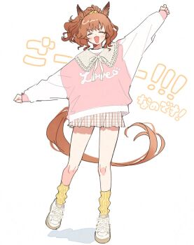 1girl acta_0907 alternate_costume aston_machan_(umamusume) brown_hair brown_skirt clothes_writing ear_ornament facing_viewer full_body heart_ear_ornament highres horse_girl horse_tail long_sleeves medium_hair neck_ribbon open_mouth outstretched_arms pink_shirt pleated_skirt ponytail ribbon shirt shoes simple_background skirt sneakers socks solo standing standing_on_one_leg tail translation_request two-tone_shirt umamusume unmoving_pattern v-shaped_eyebrows white_background white_ribbon white_shirt white_shoes yellow_socks