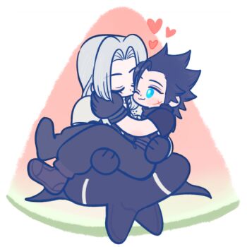 Rule 34 | 105zz, 2boys, :3, armor, belt, black boots, black coat, black gloves, black hair, black pants, blue eyes, boots, carrying, closed eyes, coat, commentary request, cross scar, facial scar, final fantasy, final fantasy vii, food, fruit, gloves, grey hair, hand on another's cheek, hand on another's face, indian style, long coat, long hair, male focus, medium hair, multiple belts, multiple boys, one eye closed, pants, parted bangs, pauldrons, princess carry, scar, scar on cheek, scar on face, sephiroth, shoulder armor, sideburns, sitting, sitting on lap, sitting on person, watermelon, watermelon slice, white background, yaoi, zack fair