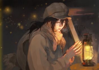 1girl absurdres black_hair breath brown_eyes chinese_commentary commentary_request deren_(path_to_nowhere) double-parted_bangs grey_hat grey_jacket grey_scarf hat highres jacket kerosene_lamp lantern long_hair long_sleeves luori_dianxin newsboy_cap parted_lips path_to_nowhere ponytail red_lips scarf snowflakes snowing solo upper_body warming_hands