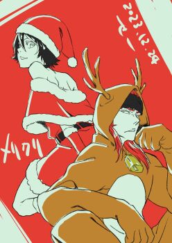 Rule 34 | 1boy, 1girl, abarai renji, animal costume, black choker, black hair, bleach, capelet, choker, christmas, dated, dress, fake antlers, fur-trimmed headwear, fur trim, hair between eyes, hat, highres, komatsubara sei, kuchiki rukia, looking at viewer, red capelet, red hair, red skirt, reindeer costume, santa costume, santa dress, santa hat, short hair, skirt, smile