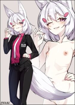 1girl animal_ear_fluff animal_ears artist_name badge belt black_belt black_pants black_suit collarbone commentary commission completely_nude different_zoom_layer english_commentary fang flat_chest formal_clothes fox_ears fox_tail grey_background hair_between_eyes hand_on_own_hip highres long_sleeves looking_at_viewer medium_hair navel necktie nipples nude one_eye_closed out-of-frame_censoring pants phase_connect purple_eyes red_shirt shirt simple_background skin_fang smile solo suit tail tenma_maemi tilt-shift_(azalanz) twitter_username virtual_youtuber white_hair white_necktie wing_collar zoom_layer