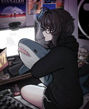 1girl aki_(snale) aphex_twin computer curvy highres ikea_shark looking_at_viewer mcdonald's neet neon_genesis_evangelion smoking snale stuffed_animal stuffed_shark stuffed_toy thick_thighs thighs
