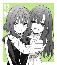Rule 34 | 2girls, :d, arms around neck, black jacket, blunt bangs, blush, border, closed mouth, eyelashes, eyes visible through hair, futaba tsumugi, futaba yuuri, green background, greyscale with colored background, hair over shoulder, happy, highres, idol x idol story!, jacket, logo, long hair, long sleeves, looking at viewer, multiple girls, official art, open mouth, pants, shirt, siblings, sisters, smile, split mouth, sportswear, striped clothes, striped jacket, sweatpants, tokunou shoutarou, white border, white pants, white shirt
