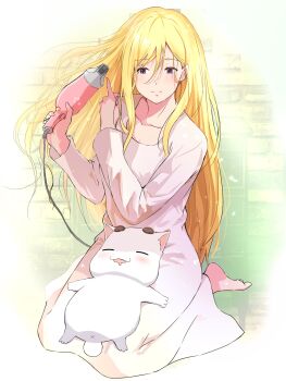 1girl alicia_florence andanden aria_(manga) aria_pokoteng barefoot blonde_hair blush breasts cat cleavage closed_mouth collarbone dress drying drying_hair drying_own_hair feet full_body hair_between_eyes hair_dryer hands_up highres holding long_dress long_hair pink_dress purple_eyes seiza sidelocks sitting smile toes very_long_hair white_cat