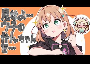 2girls 5th_live_tour_~4pair_power_spread!!!!~ aqua_eyes aqua_hair black_shirt blonde_hair blush commentary flower gradient_hair hair_flower hair_intakes hair_ornament hashtag-only_commentary hinoshita_kaho holding holding_own_hair kan_kanna letterboxed link!_like!_love_live! love_live! medalist_(manga) medium_hair meme multicolored_hair multiple_girls nirei_nozomi open_mouth orange_background osawa_rurino outline outside_border pink_flower pointing pointing_backward pointing_with_thumb rabbit_hair_ornament raised_inner_eyebrows rectangular_mouth repunit shirt short_sleeves smug_inori_(meme) translation_request twintails virtual_youtuber voice_actor_connection wavy_mouth white_outline