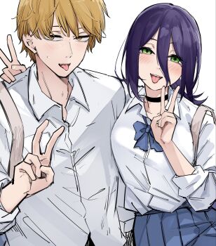 Rule 34 | 1boy, 1girl, bent v, black choker, blonde hair, blue bow, blue bowtie, blue skirt, blush, bow, bowtie, chainsaw man, choker, commentary request, denji (chainsaw man), double-parted bangs, double v, dress shirt, green eyes, grenade pin, hair between eyes, hetero, highres, long hair between eyes, looking at viewer, loose bowtie, mame1645, open collar, pleated skirt, purple hair, reze (chainsaw man), school uniform, sharp teeth, shirt, simple background, skirt, teeth, tongue, tongue out, v, white background, white shirt, yellow eyes