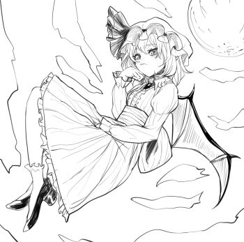 1girl alinoce716 bat_wings brooch collared_shirt commentary_request frilled_shirt_collar frilled_socks frills hair_between_eyes hat hat_ribbon high_heels highres jewelry long_sleeves looking_at_viewer mob_cap monochrome puffy_long_sleeves puffy_sleeves remilia_scarlet ribbon shirt short_hair sitting skirt skirt_set socks solo touhou wings
