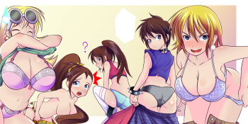 5girls ? ^^^ ass black_choker black_panties blonde_hair blue_eyes blue_panties blush bra bracelet braces breasts brown_hair butt_crack choker cleavage closed_eyes clothes_lift clothes_pull convenient_censoring dot_nose dress dress_lift earrings eyewear_on_head facing_viewer high_ponytail highres jewelry lavender_panties leni_loud lifting_own_clothes looking_at_viewer looking_back lori_loud luan_loud luna_loud lynn_loud mikado_ryouma multiple_girls panties panty_pull pink_bra pink_panties ponytail pulling_own_clothes safety_pin safety_pin_earrings shorts shorts_pull siblings sisters skirt skirt_pull spiked_bracelet spikes striped sunglasses sweatdrop the_loud_house topless_female underwear undressing white_legwear