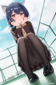 1girl animal_ears artist_name black_pantyhose blue_hair blush brown_jacket brown_skirt cat_ears closed_mouth eluthel hair_between_eyes hair_bun highres idolmaster idolmaster_shiny_colors jacket kemonomimi_mode loafers long_sleeves morino_rinze outdoors panties panties_under_pantyhose pantyhose pantyshot plaid_clothes plaid_skirt pleated_skirt red_eyes school_uniform shirt shoes short_hair single_hair_bun skirt solo squatting sweater underwear white_shirt yellow_sweater