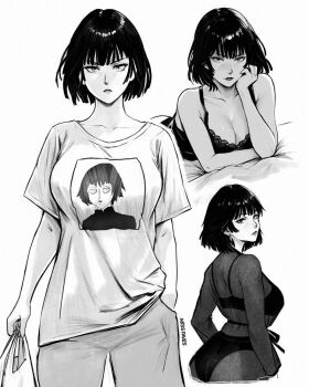 Rule 34 | 1girl, artist name, bag, bra, breasts, camisole, cleavage, commentary, english commentary, frown, fubuki (one-punch man), greyscale, hand in pocket, holding, holding bag, large breasts, lying, medium hair, miss faves, monochrome, on stomach, one-punch man, one (style), panties, plastic bag, short hair, underwear