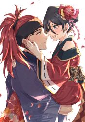 Rule 34 | 1boy, 1girl, abarai renji, absurdres, alternate costume, alternate hairstyle, backlighting, bare shoulders, black hair, black headband, bleach, blue kimono, blush, bow, brown eyes, carrying, carrying person, closed mouth, commentary, couple, cowboy shot, double-parted bangs, eye contact, eyelashes, floral print, flower, grin, hair behind ear, hair between eyes, hair bow, hair bun, hair flower, hair ornament, hand on another&#039;s cheek, hand on another&#039;s face, hand on another&#039;s shoulder, hand up, happy, headband, hetero, high ponytail, highres, hug, japanese clothes, kanzashi, kimono, kuchiki rukia, long hair, long sleeves, looking at another, pink bow, print kimono, profile, purple eyes, red flower, red kimono, ribbon-trimmed sleeves, ribbon trim, rinner373, simple background, single hair bun, smile, tsurime, white background, wide sleeves