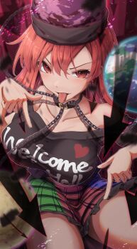 1girl :p absurdres black_shirt blush breasts chain clothes_writing commentary_request earth_(ornament) gold_chain hecatia_lapislazuli highres large_breasts looking_at_viewer moon_(ornament) multicolored_skirt off-shoulder_shirt off_shoulder pointing pointing_down red_eyes red_hair shirt skirt solo t-shirt tongue tongue_out touhou underworld_(ornament) yosshy