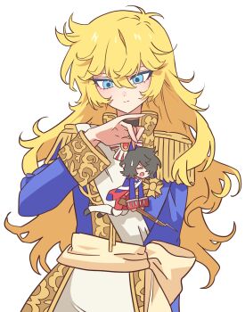 1boy 1girl andre_grandier black_hair blonde_hair blue_eyes blue_jacket closed_mouth epaulettes hair_between_eyes hand_up highres holding holding_mini_person jacket long_hair long_sleeves looking_at_another looking_down meremero mini_person miniboy open_mouth oscar_francois_de_jarjayes pants simple_background smile standing sweatdrop versailles_no_bara white_background white_pants