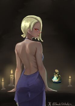 1girl alternate_costume ass asymmetrical_hair back back_focus backless_dress backless_outfit blonde_hair breasts candle candlelight commentary_request cowboy_shot dark-skinned_female dark_skin dress from_behind half-closed_eye halter_dress halterneck hand_rest highres humanization legs_together light_smile looking_at_viewer looking_back median_furrow nintendo parted_lips purple_dress red_eyes see-through_clothes see-through_dress see-through_silhouette shiver_(splatoon) short_eyebrows short_hair shoulder_blades sideboob sideways_glance solo splatoon_(series) splatoon_3 tan tanukichikushin thigh_gap twitter_username twitter_x_logo