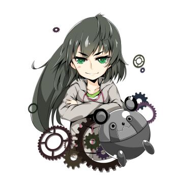 1girl blush closed_mouth collarbone commentary_request crossed_arms deformed dress gears green_eyes green_hair highres jacket_over_dress long_hair long_sleeves looking_at_viewer narrowed_eyes science_adventure simple_background smile solo steins;gate steins;gate_0 transparent_background upa_(steins;gate) white_background yakku