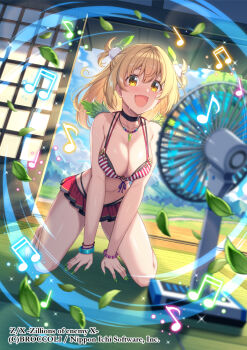 1girl bangle beamed_sixteenth_notes bikini black_choker blonde_hair bracelet breasts cana_(z/x) choker cleavage copyright_notice eighth_note electric_fan feathered_wings green_nails green_wings hair_ornament indoors jewelry kneeling kouzuki_tsubasa_(musou_kaidou) large_breasts leaf leaf_hair_ornament mini_wings musical_note necklace official_art open_mouth pom_pom_(clothes) pom_pom_hair_ornament quarter_note shouji sliding_doors solo sparkle sweatdrop swimsuit tatami two_side_up wings yellow_eyes z/x