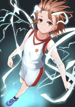 1girl awakening_(toaru) brown_eyes brown_hair commentary electrical_wings electricity electrokinesis gym_shirt gym_shorts gym_uniform highres looking_at_viewer medium_hair misaka_mikoto misaka_mikoto_level_6_shift school_emblem shirt short_shorts shorts simple_background sleeveless sleeveless_shirt smile solo tabu_(tabu_01) toaru_kagaku_no_railgun toaru_kagaku_no_railgun_t toaru_majutsu_no_index tokiwadai_school_gym_uniform white_shirt