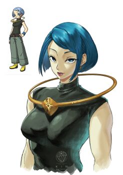 1girl absurdres blue_eyes blue_hair breasts bulma dragon_ball dragon_ball_xenoverse_3 earrings highres jewelry kin_machina official_art_inset reference_inset short_hair simple_background smile swept_bangs upper_body white_background