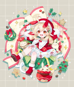 >_< 1girl :d ^_^ ahoge alternate_costume blonde_hair blush bow bowtie christmas_ornaments christmas_wreath closed_eyes commentary commentary_request dodoco_(genshin_impact) dress english_commentary full_body genshin_impact gingerbread_cookie hair_between_eyes hair_ornament hairclip highres jumpy_dumpty klee_(genshin_impact) long_sleeves mistletoe mixed-language_commentary open_mouth outstretched_arms pointy_ears red_bow red_bowtie red_eyes red_footwear red_sleeves smile solo teeth upper_teeth_only white_dress wreath yutukicom