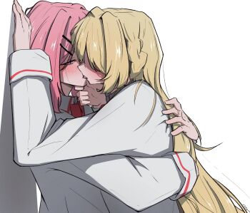 Rule 34 | 2girls, amaori renako, blonde hair, blush, commentary, french kiss, hair ornament, hairclip, hashtag-only commentary, highres, kiss, long hair, long sleeves, multiple girls, nobunaga (nbng g), open mouth, ouzuka mai, parallel hairclips, pink hair, purple eyes, shirt, tongue, watashi ga koibito ni nareru wake naijan murimuri!, white shirt, yuri