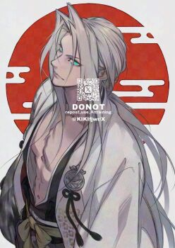 1boy abs black_kimono closed_mouth collarbone commentary final_fantasy final_fantasy_vii final_fantasy_vii:_ever_crisis green_eyes grey_hair haori japanese_clothes kiki_lala kimono long_hair low_ponytail male_focus official_alternate_costume pectorals ponytail sash sephiroth sephiroth_(one_with_the_blade) solo symbol-only_commentary twitter_username upper_body white_haori