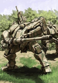 ammunition_box autocannon blue_sky camouflage cannon forest gun highres holding holding_cannon holding_gun holding_weapon mecha nature no_humans original outdoors rifle robot science_fiction sky tyokugekidato weapon woodland_camouflage