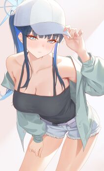 1girl absurdres bare_shoulders baseball_cap black_camisole black_hair blue_archive blue_eyes blue_hair blue_halo breasts camisole cleavage colored_inner_hair contrapposto cross_halo denim denim_shorts fanny_pack green_jacket grey_shorts halo hand_on_own_thigh hat highres jacket large_breasts leaning_forward long_hair looking_at_viewer multicolored_hair neptune_illust off_shoulder official_alternate_costume open_clothes open_jacket ponytail saori_(blue_archive) saori_(swimsuit)_(blue_archive) shorts solo white_hat