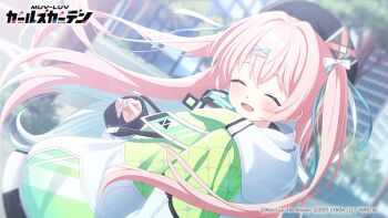 2025 aqua_ribbon black_hat bow closed_eyes copyright_logo copyright_name copyright_notice green_jacket hair_bow hair_ornament hair_ribbon hairclip hat jacket logo long_hair looking_back multicolored_jacket muv-luv muv-luv_girls_garden official_art open_mouth outdoors ribbon sienna_clark soso_5050_soso two_side_up upper_body white_bow white_jacket