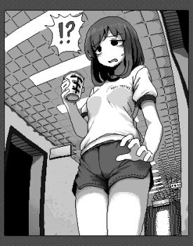 !? 1girl bags_under_eyes border breasts ceiling cup dithering from_below frown greyscale gym_uniform hamsterfragment hand_up holding holding_cup indoors jaggy_lines lowres medium_breasts medium_hair monochrome open_mouth original shirt short_shorts short_sleeves shorts solo shinohata_sachie_(hamsterfragment) surprised thighs tile_ceiling tiles