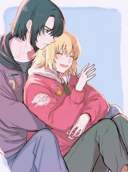 1boy 1girl arms_around_waist athrun_zala black_hair black_shirt blonde_hair blue_background blue_eyes blue_pants border cagalli_yula_athha closed_eyes coat commentary_request couple feet_out_of_frame furrowed_brow green_pants gundam gundam_seed hair_between_eyes hetero highres holding_hands hood hood_down hooded_coat hug hug_from_behind jewelry kimi88407604 light_blush open_mouth pants parted_bangs purple_coat red_coat ring shirt short_hair sitting smile sweatdrop white_border